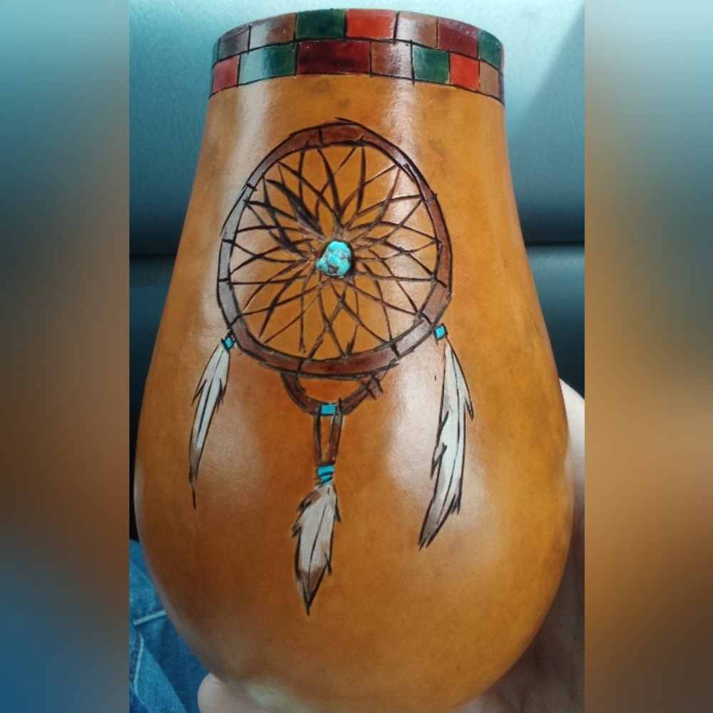 Hand Carved Painted Native American Gourd Vase Signed Mary Marchant